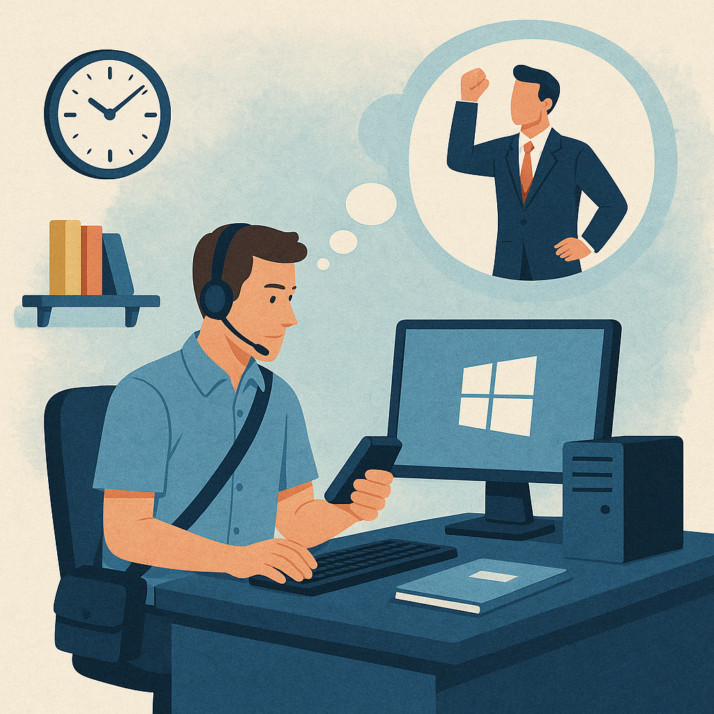 Technik komputerowy przy biurku, marzący o zostaniu Scrum Masterem, symbolizujący przekwalifikowanie do IT.