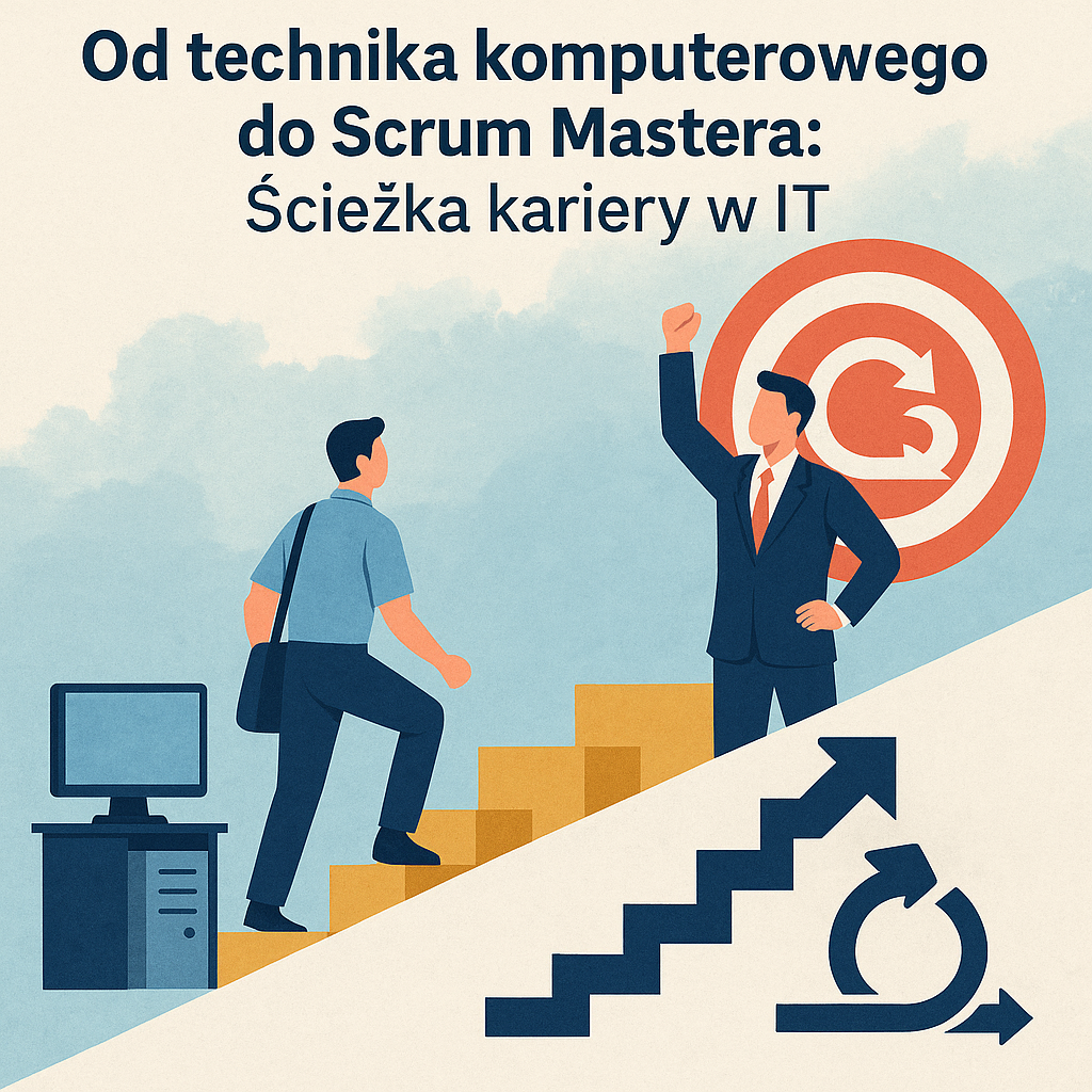 Mężczyzna wspinający się po schodach od stanowiska technika komputerowego do roli Scrum Mastera, symbolizujący rozwój kariery w IT.